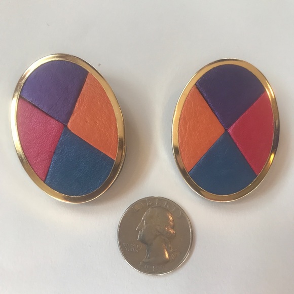Vintage 80s Earrings, Leather or Vegan Leather Oval Gold Purple Orange Pink Blue - Picture 2 of 7